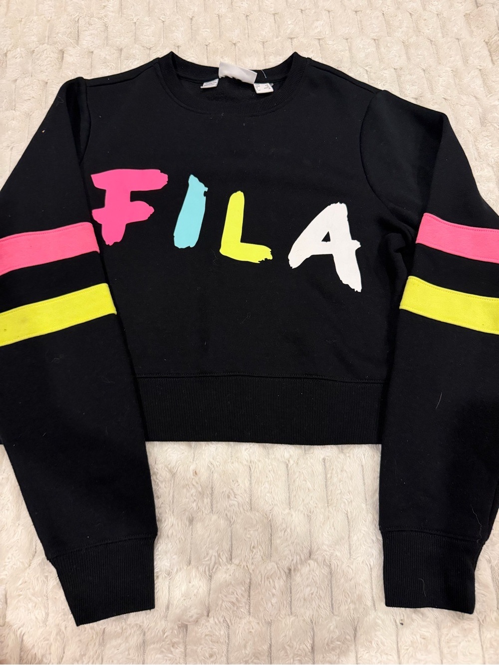 FILA Black Cropped Sweatshirt with Neon Pink, Aqua, Yellow & White Logo